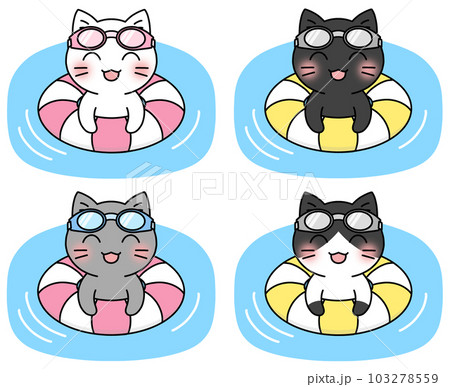 浮き輪を使って水に浮かぶゴーグルの猫のイラスト4種類セット(白猫、黒猫、灰猫、ハチワレ) 103278559