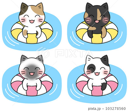 浮き輪を使って水に浮かぶ猫のイラスト4種類セット(三毛猫、シャム猫、サビ猫、ブチ猫) 浮き輪を使って水に浮かぶ猫のイラスト4種類セット(三毛猫、シャム猫、サビ猫、ブチ猫) 103278560