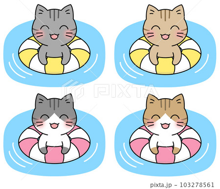浮き輪を使って水に浮かぶ猫のイラスト4種類セット(サバトラ、サバシロ、キジトラ、キジシロ) 103278561