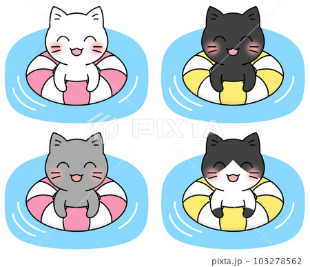 浮き輪を使って水に浮かぶ猫のイラスト4種類セット(白猫、黒猫、灰猫、ハチワレ) 浮き輪を使って水に浮かぶ猫のイラスト4種類セット(白猫、黒猫、灰猫、ハチワレ) 103278562