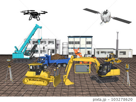 ICT建設　ICT建機　ICT施工　ICT土木　ICT工法(3DCGイメージ)地面にワイヤーあり 103278620