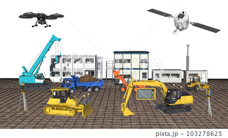 ICT建設　ICT建機　ICT施工　ICT土木　ICT工法(3DCGイメージ)ワイド　地面にワイヤー 103278625