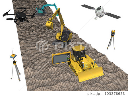 ICT建設　ICT建機　ICT施工　ICT土木(3DCGイメージ)地面にワイヤーあり 103278628