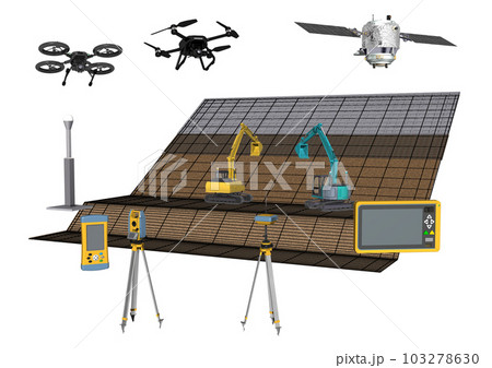 ICT建設　ICT建機　ICT施工　ICT土木　ICT工法(3DCGイメージ)地面にワイヤーあり 103278630