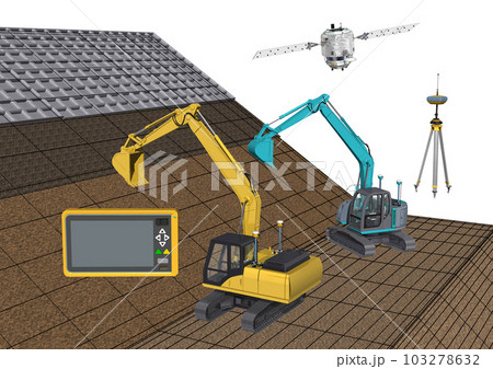 ICT建設　ICT建機　ICT施工　ICT土木　ICT工法(3DCGイメージ)地面にワイヤーあり 103278632