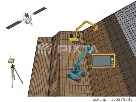 ICT建設　ICT建機　ICT施工　ICT土木　ICT工法(3DCGイメージ)地面にワイヤーあり 103278633