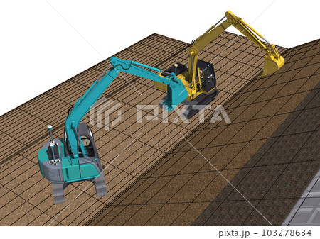 ICT建設　ICT建機　ICT施工　ICT土木　ICT工法(3DCGイメージ)地面にワイヤーあり 103278634