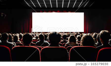 People in the cinema auditorium with empty white screen. People in the cinema auditorium with empty white screen. 103279030