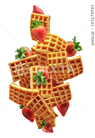 Belgian waffles with fresh strawberries isolated on a white background. Belgian waffles with fresh strawberries isolated on a white background. 103279591