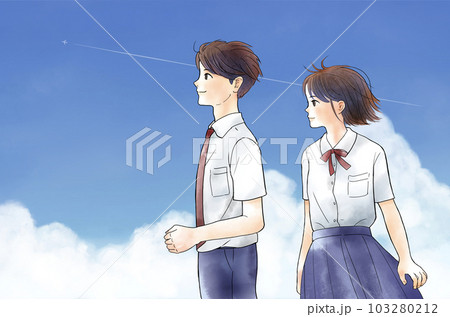 夏服の男女の生徒 入道雲の背景(水彩風タッチ) 夏服の男女の生徒 入道雲の背景(水彩風タッチ) 103280212