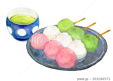 お茶と和菓子のセット　三色団子　水彩イラスト 103280571