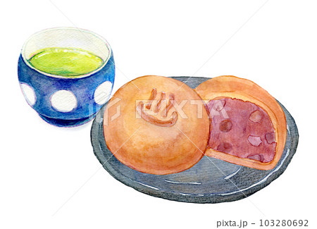 お茶と和菓子のセット　温泉まんじゅう　水彩イラスト 103280692