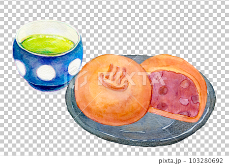 お茶と和菓子のセット　温泉まんじゅう　水彩イラスト 103280692