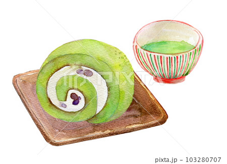 お茶と和菓子のセット　抹茶ロールケーキ　水彩イラスト 103280707