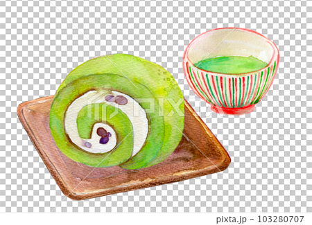 お茶と和菓子のセット　抹茶ロールケーキ　水彩イラスト 103280707