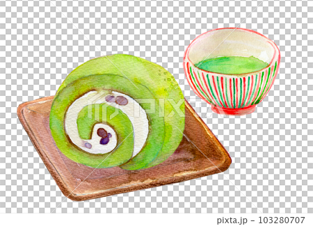 お茶と和菓子のセット　抹茶ロールケーキ　水彩イラスト 103280707