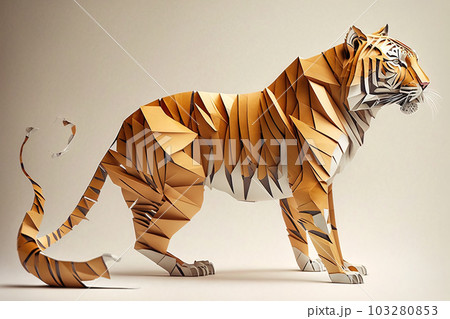 Image of paper origami art. Handmade paper tiger. Wildlife. illustration, generative AI 103280853