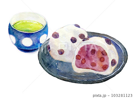 お茶と和菓子のセット　豆大福　水彩イラスト 103281123