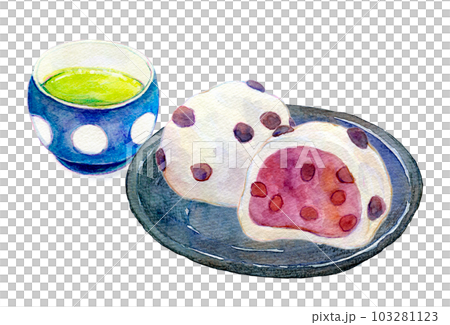 お茶と和菓子のセット　豆大福　水彩イラスト 103281123