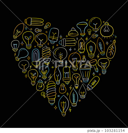 Light bulbs collection. Modern and retro set. Heart shape for your design Light bulbs collection. Modern and retro set. Heart shape for your design 103281154
