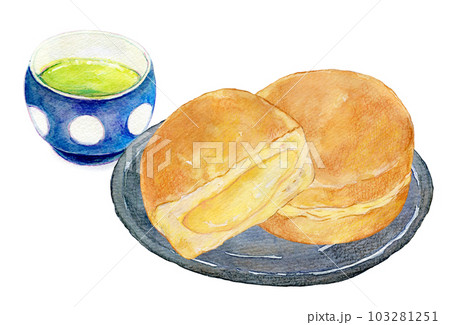 お茶と和菓子のセット　大判焼き　　水彩イラスト 103281251