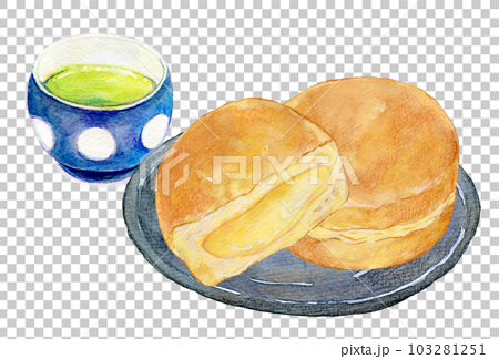 お茶と和菓子のセット　大判焼き　　水彩イラスト 103281251