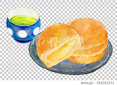 A set of tea and Japanese sweets large-sized grilled watercolor illustration 103281251