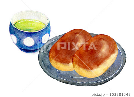 お茶と和菓子のセット　栗饅頭　水彩イラスト 103281345