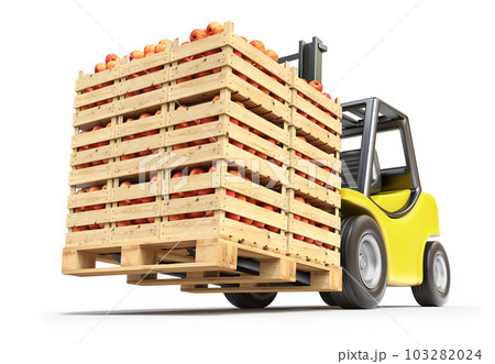 Forklift with red apples in wooden crates 103282024