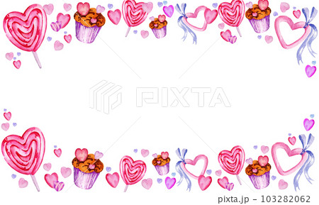 watercolor border with heart to Valentine day theme, hand draw illustration, pink and lilac colour frame on white background watercolor border with heart to Valentine day theme, hand draw illustration, pink and lilac colour frame on white background 103282062