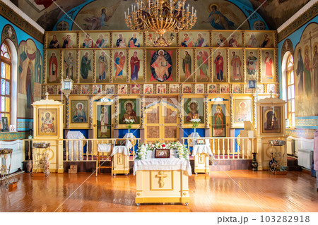 SHYMKENT, KAZAKHSTAN - JANUARY 24, 2023: Panorama of the interior of the temple in honor of the icon of the Mother of God of Kazan, Kazakhstan 103282918