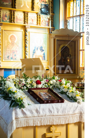 SHYMKENT, KAZAKHSTAN - JANUARY 24, 2023: Iconostasis in the temple in honor of the icon of the Kazan Mother of God, Kazakhstan 103282919