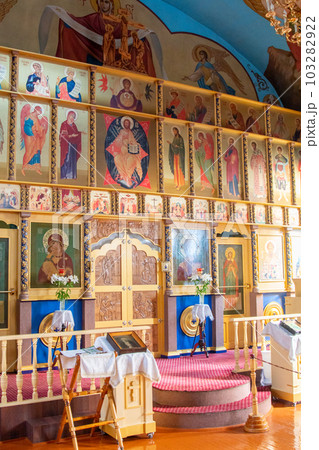 SHYMKENT, KAZAKHSTAN - JANUARY 24, 2023: Iconostasis in the temple in honor of the icon of the Kazan Mother of God, Kazakhstan 103282922