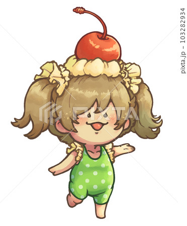 ホイップとチェリーを頭にのせた　フリル付き水着の女の子　単品　グリーンver 103282934