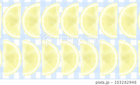 ギンガムチェックの背景に半分にカットされたスライスレモンのイラスト素材 103282948