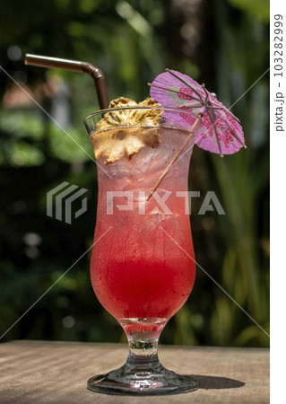 tropical singapore sling cocktail in tall glass at garden bar tropical singapore sling cocktail in tall glass at garden bar 103282999