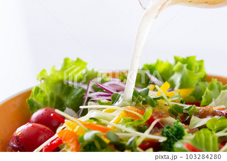 野菜サラダにイタリアンドレッシングをかける 103284280