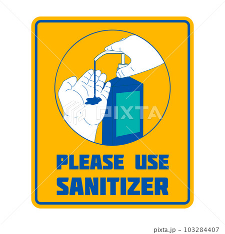 Use hand sanitizer. Emblem with hand sanitizer. Design element for emblem, badge, poster. Vector illustration 103284407