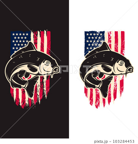 Illustration of carp fish of background of usa flag in grunge style. Design element for poster,card, banner, sign, emblem. Vector illustration Illustration of carp fish of background of usa flag in grunge style. Design element for poster,card, banner, sign, emblem. Vector illustration 103284453