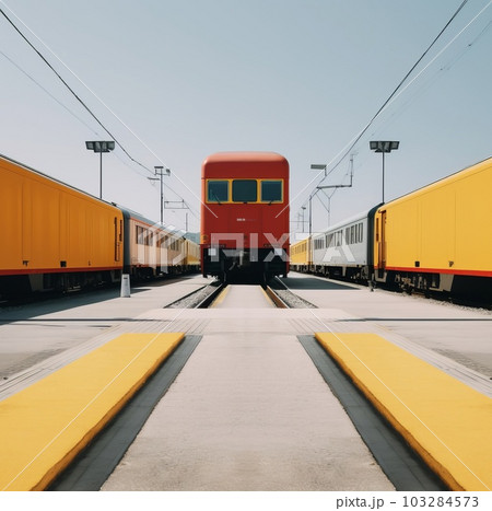 A bright train at the railway station 103284573