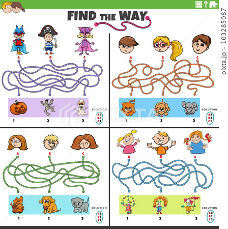 find the way maze games set with cartoon children characters find the way maze games set with cartoon children characters 103285087
