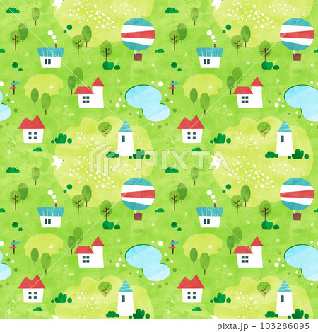 夏の自然あふれる街並みの背景パターン シームレスな水彩風景イラスト 103286095