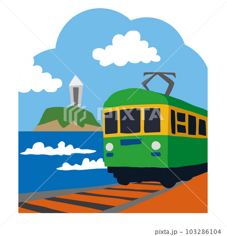 江ノ電と江ノ島　手描きのゆるいシンプルイラスト 103286104