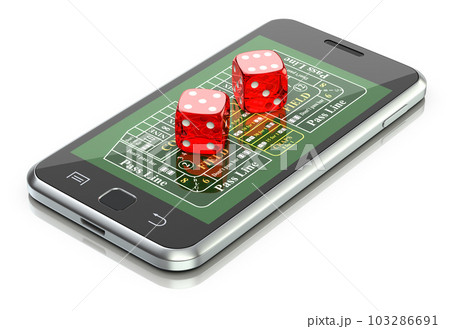 Online gambling concept with dice and roulette chips on the mobile 103286691