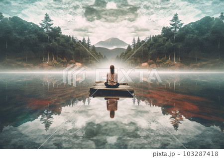 Woman in lotus position in nature. Unplugging.  103287418