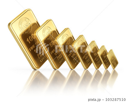 Small gold bars with different sizes on white reflective background 103287510