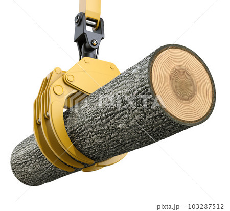Yellow lifting crane with gripping claw holding oak tree 103287512