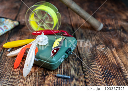 Soft silicone lures for fishing. Multi-colored lures for catching fish. Fishing box for fishing. Fishing composition. Soft silicone lures for fishing. Multi-colored lures for catching fish. Fishing box for fishing. Fishing composition. 103287595