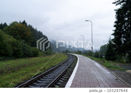 Railway station platform. Railroad leading to the mountains. Cloudy weather at the station. Street lights above the platform. 103287648