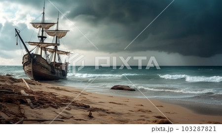 An old abandoned ship on the seashore, Generated AI An old abandoned ship on the seashore, Generated AI 103287821